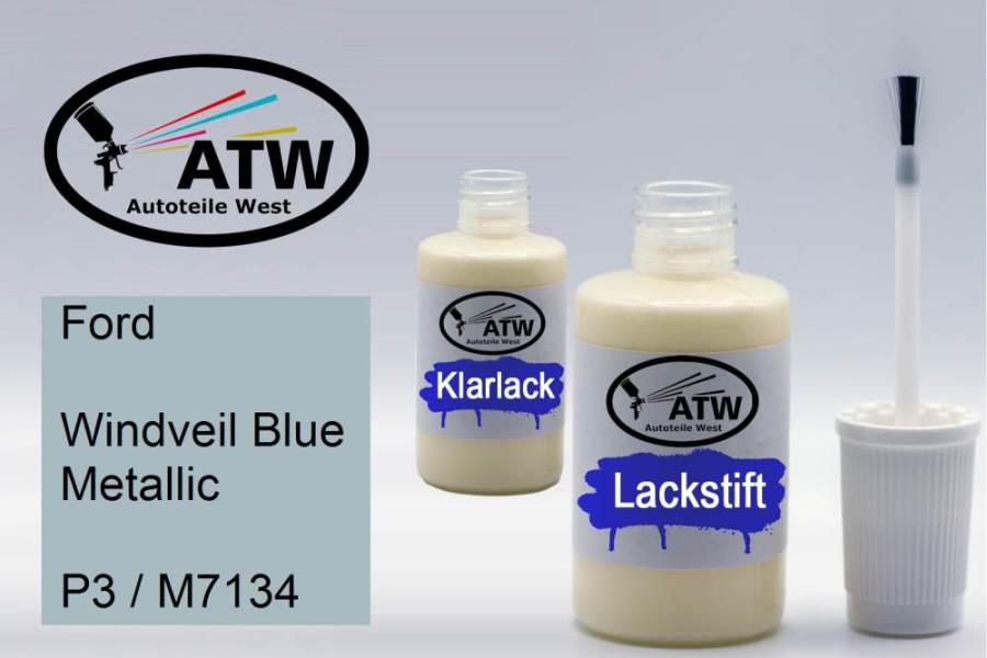 Ford, Windveil Blue Metallic, P3 / M7134: 20ml Lackstift + 20ml Klarlack - Set, von ATW Autoteile West.